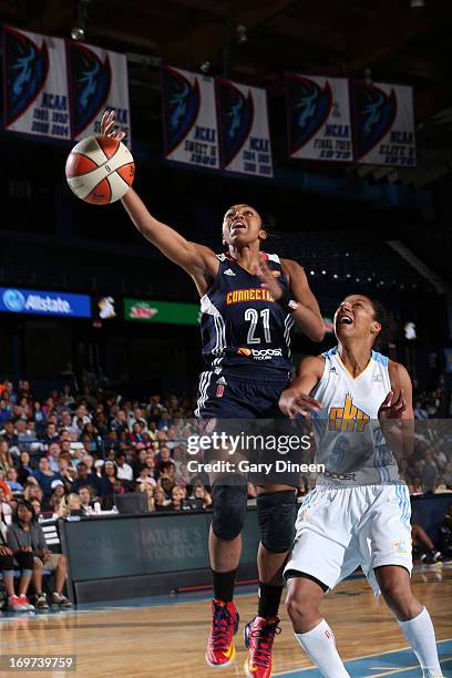 Renee Montgomery of the Connecticut Sun goes to the basket against Shamee Zoll-Norman of the Chicago Sky during the game on May 31, 2013 at the...