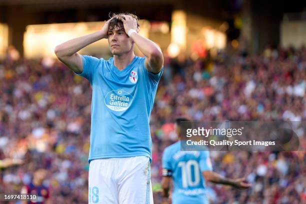 Jorgen Strand Larsen of Celta de Vigo reacts during the LaLiga EA Sports match between FC Barcelona and Celta Vigo at Estadi Olimpic Lluis Companys...
