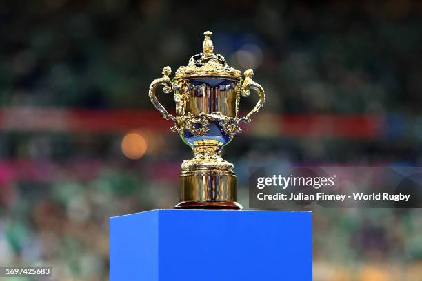 Detailed view of The Webb Ellis Cup prior to the Rugby World Cup France 2023 match between South Africa and Ireland at Stade de France on September...
