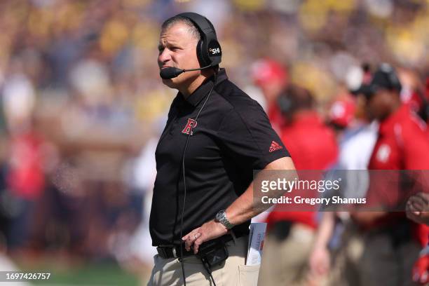 Head coach Greg Schiano of the Rutgers Scarlet Knights looks on in the first half while playing the Michigan Wolverines at Michigan Stadium on...