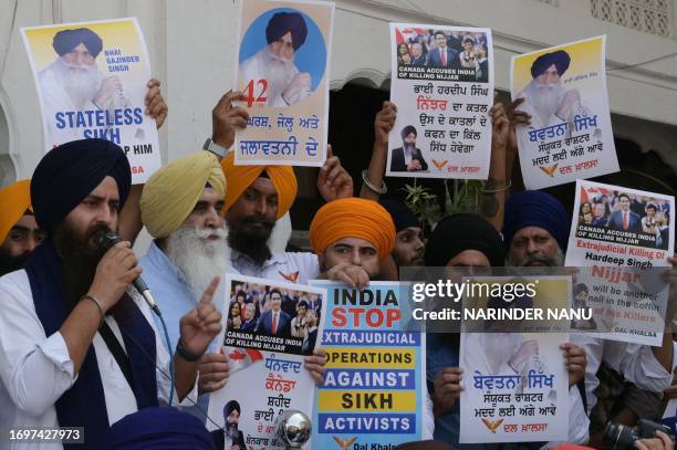Activists of the Dal Khalsa Sikh organisation, a pro-Khalistan group, stage a demonstration demanding justice for Sikh separatist Hardeep Singh...