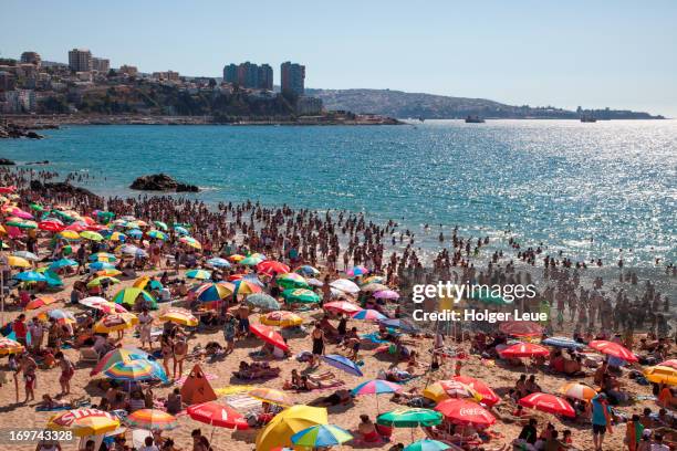 people crowd beach on a sunny sunday afternoon - valparaiso region valparaiso stock-fotos und bilder