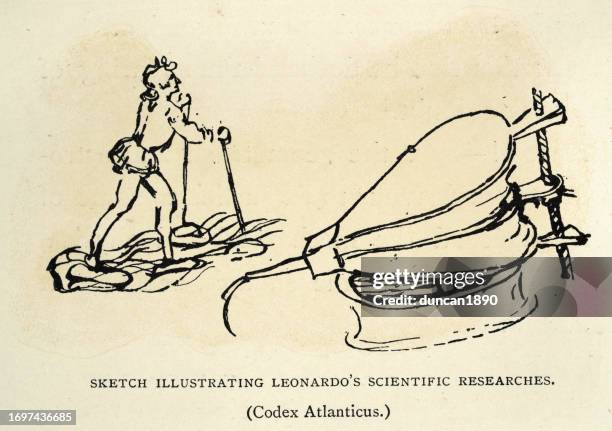 sketch of a man, bellows, codex atlanticus by leonardo da vinci, renaissance art - bellows stock illustrations
