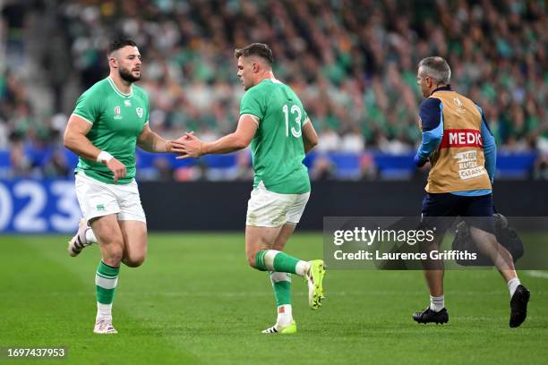 Robbie Henshaw of Ireland comes onto the field as Garry Ringrose leaves the field for a head injury assessment during the Rugby World Cup France 2023...