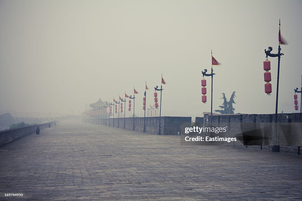 Xi'an city wall in fog,china