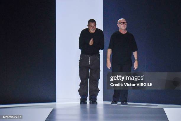 Fashion designers Domenico Dolce and Stefano Gabbana walk the runway during the Dolce Gabbana Ready to Wear Spring Summer 2024 fashion show as part...