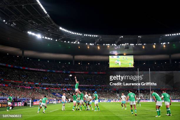 General view of the inside of the stadium as Peter O'Mahony of Ireland wins the line-out for Ireland during the Rugby World Cup France 2023 match...