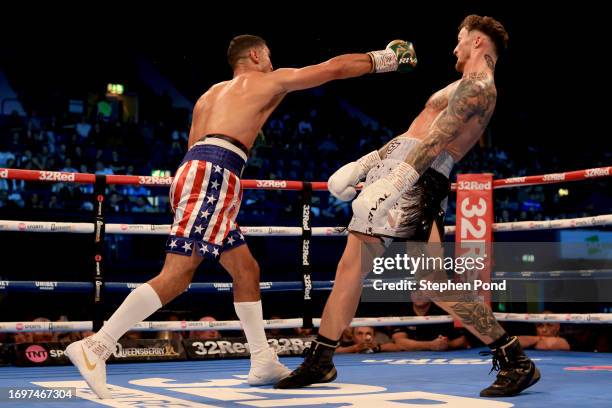 Zach Parker avoids a punch from Khalid Graidia during the Super-Middleweight fight between Zach Parker and Khalid Graidia at OVO Arena Wembley on...