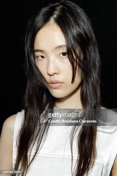 Model backstage ahead of the Sportmax fashion show during the Milan Fashion Week Womenswear Spring/Summer 2024 on September 22, 2023 in Milan, Italy.