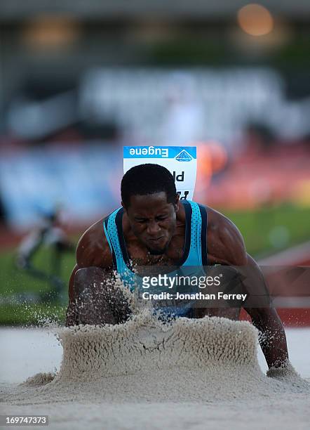 Dwight Phillips of USA competes in the long jump during day 1 of the IAAF Diamond League Prefontaine Classic on May 31, 2013 at the Hayward Field in...