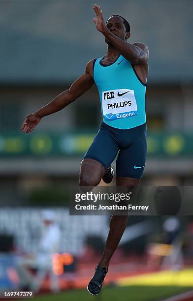 Dwight Phillips of USA competes in the long jump during day 1 of the IAAF Diamond League Prefontaine Classic on May 31, 2013 at the Hayward Field in...