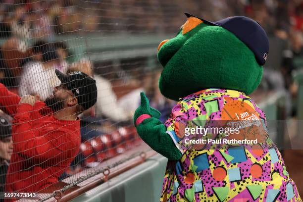 Boston Red Sox mascot Wally wears a Barbie themed outfit at Fenway Park before a game against the Chicago White Sox on September 22, 2023 in Boston,...