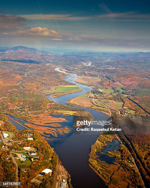 aerial shot of a curvy river - fort ticonderoga stock pictures, royalty-free photos & images