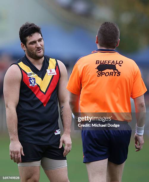 Brendan Fevola of Bacchus Marsh reacts after getting an umpire gives a free kick against him during the round six BFL match between Bacchus Marsh and...
