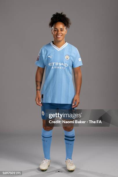 Demi Stokes of Manchester City poses during the Super League Headshots 2023/24 portrait session on September 12, 2023 in Manchester, England.