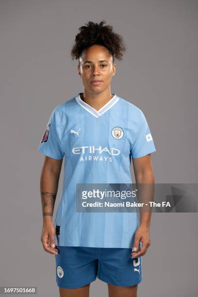 Demi Stokes of Manchester City poses during the Super League Headshots 2023/24 portrait session on September 12, 2023 in Manchester, England.