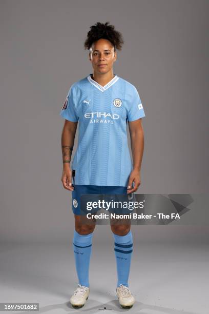 Demi Stokes of Manchester City poses during the Super League Headshots 2023/24 portrait session on September 12, 2023 in Manchester, England.