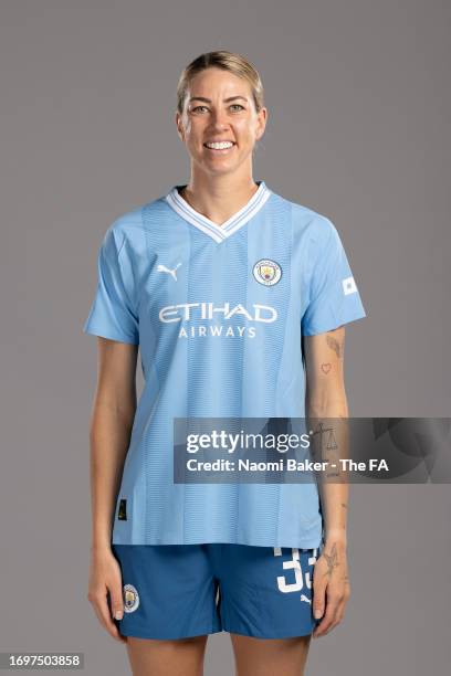 Alanna Kennedy of Manchester City poses during the Super League Headshots 2023/24 portrait session on September 12, 2023 in Manchester, England.