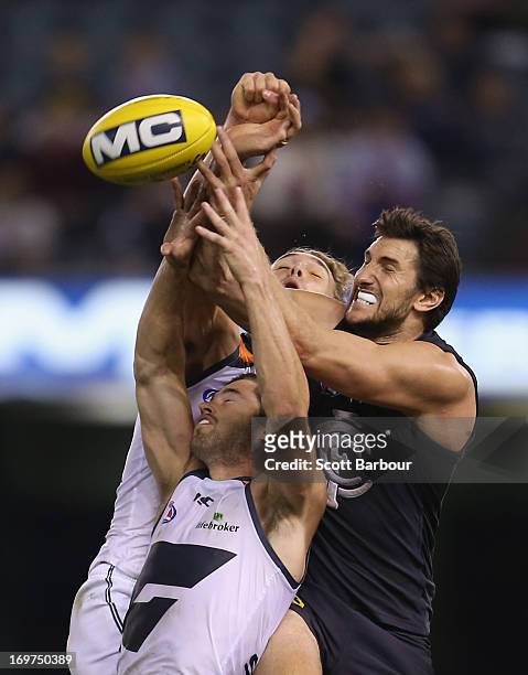 Jarrad Waite of the Blues competes for the ball during the round ten AFL match between the Carlton Blues and the Greater Western Sydney Giants at...