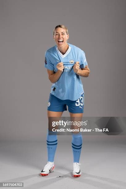 Alanna Kennedy of Manchester City poses during the Super League Headshots 2023/24 portrait session on September 12, 2023 in Manchester, England.