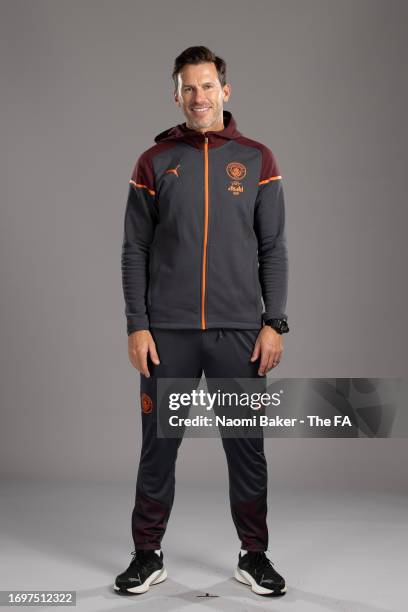 Head Coach Gareth Taylor of Manchester City poses during the Super League Headshots 2023/24 portrait session on September 12, 2023 in Manchester,...