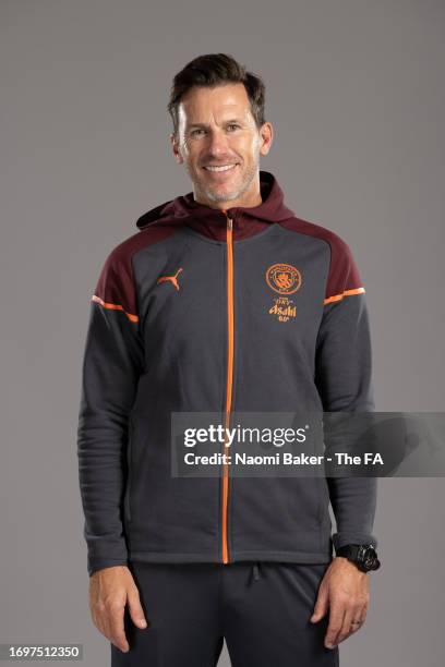 Head Coach Gareth Taylor of Manchester City poses during the Super League Headshots 2023/24 portrait session on September 12, 2023 in Manchester,...