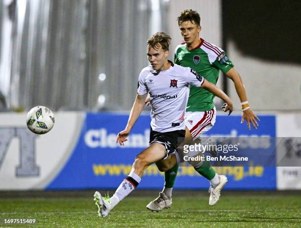 Louth , Ireland - 25 September 2023; Johannes Yli-Kokko of Dundalk and Andrii Kravchuk of Cork City during the SSE Airtricity Men's Premier Division...