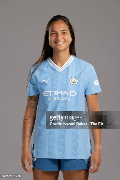 Deyna Castellanos of Manchester City poses during the Super League Headshots 2023/24 portrait session on September 12, 2023 in Manchester, England.