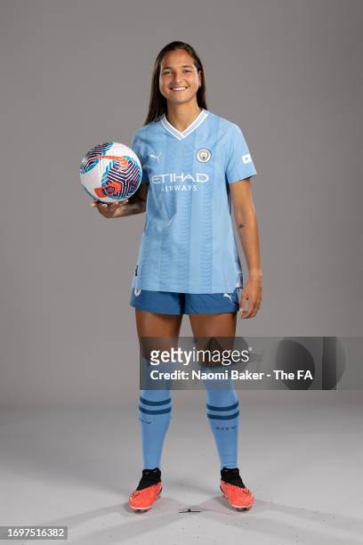 Deyna Castellanos of Manchester City poses during the Super League Headshots 2023/24 portrait session on September 12, 2023 in Manchester, England.