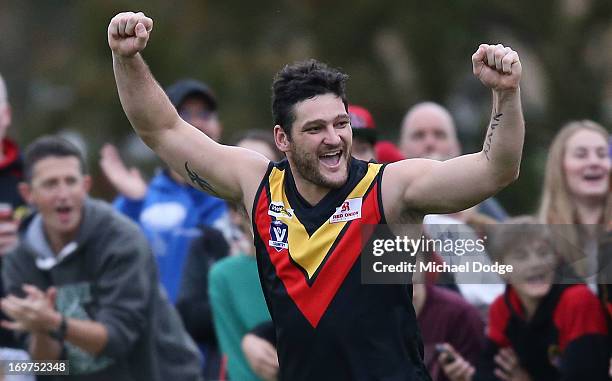 Brendan Fevola of Bacchus Marsh celebrates a goal during the round six BFL match between Bacchus Marsh and Sunbury at Maddingley Park on June 1, 2013...