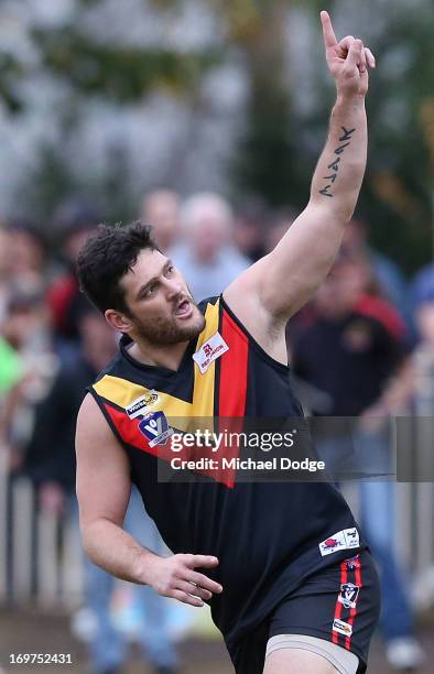 Brendan Fevola of Bacchus Marsh celebrates a goal during the round six BFL match between Bacchus Marsh and Sunbury at Maddingley Park on June 1, 2013...