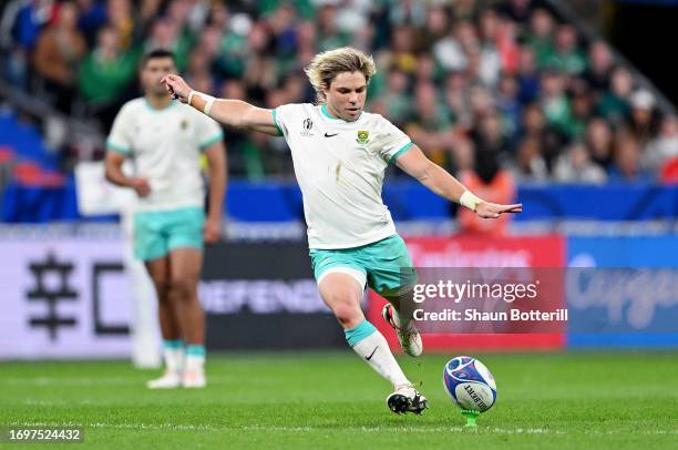 Faf de Klerk of South Africa doesnt convert their kick after being awarded a penalty, after it goes wide, during the Rugby World Cup France 2023...