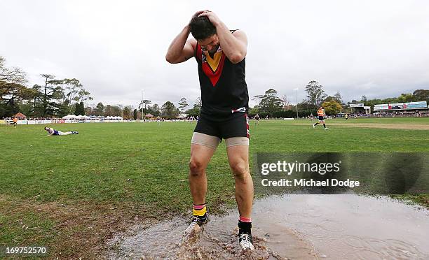 Brendan Fevola of Bacchus Marsh reacts after missing a kick for goal during the round six BFL match between Bacchus Marsh and Sunbury at Maddingley...