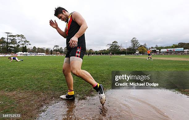 Brendan Fevola of Bacchus Marsh reacts after missing a kick for goal during the round six BFL match between Bacchus Marsh and Sunbury at Maddingley...