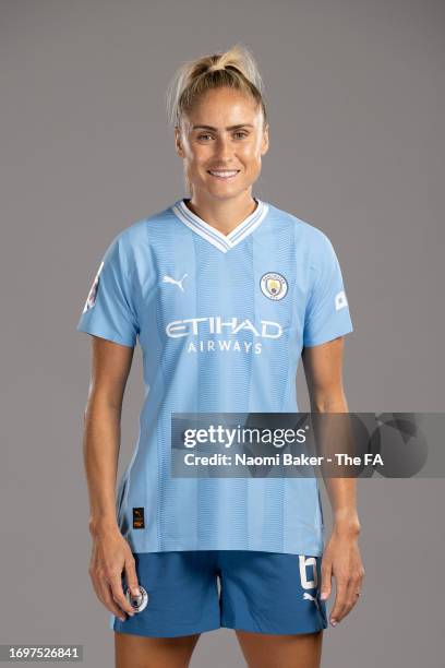 Steph Houghton of Manchester City poses during the Super League Headshots 2023/24 portrait session on September 12, 2023 in Manchester, England.