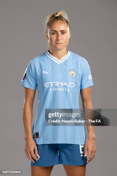 Steph Houghton of Manchester City poses during the Super League Headshots 2023/24 portrait session on September 12, 2023 in Manchester, England.