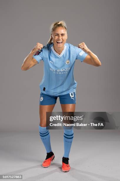 Steph Houghton of Manchester City poses during the Super League Headshots 2023/24 portrait session on September 12, 2023 in Manchester, England.