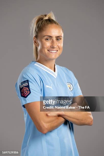 Steph Houghton of Manchester City poses during the Super League Headshots 2023/24 portrait session on September 12, 2023 in Manchester, England.