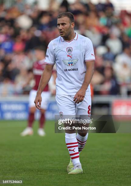 Herbie Kane of Barnsley in action during the Sky Bet League One match between Northampton Town and Barnsley at Sixfields on September 23, 2023 in...