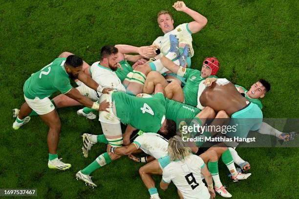 Tadhg Beirne of Ireland recovers the ball from the base of the ruck during the Rugby World Cup France 2023 match between South Africa and Ireland at...