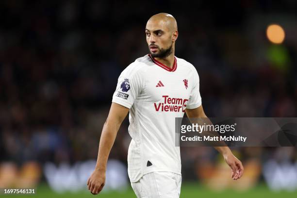Sofyan Amrabat of Manchester United looks on during the Premier League match between Burnley FC and Manchester United at Turf Moor on September 23,...