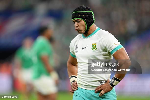 Cheslin Kolbe of South Africa looks dejected after defeat to Ireland during the Rugby World Cup France 2023 match between South Africa and Ireland at...