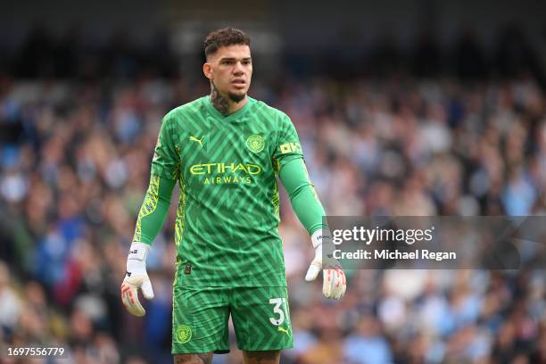 Ederson of Manchester City in action during the Premier League match between Manchester City and Nottingham Forest at Etihad Stadium on September 23,...