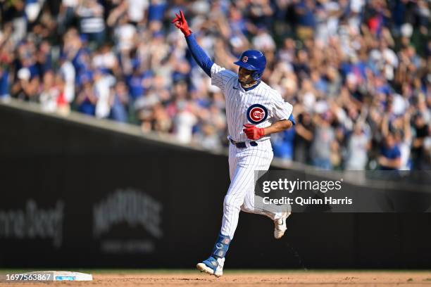 Christopher Morel of the Chicago Cubs celebrates after hitting a home run in the eighth inning against the Colorado Rockies at Wrigley Field on...