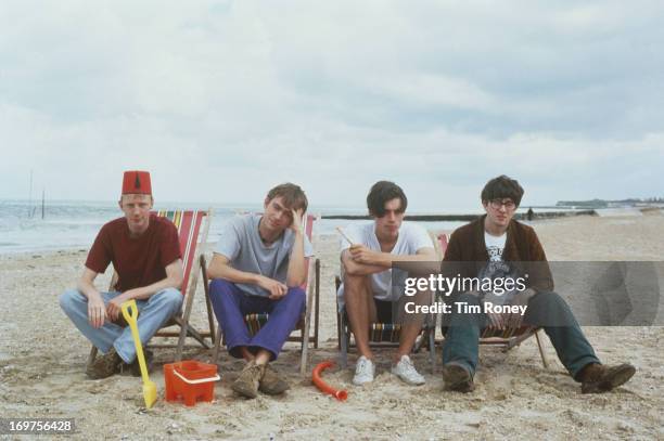 Group portrait of the British band Blur, circa 1996. L - R; Dave Rowntree, Damon Albarn, Alex James, Graham Coxon.