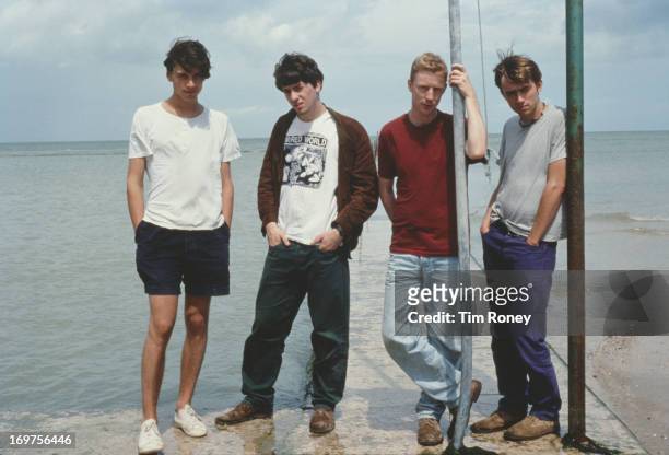 Group portrait of the British band Blur, circa 1996. L - R; Alex James, Graham Coxon, Dave Rowntree, Damon Albarn.