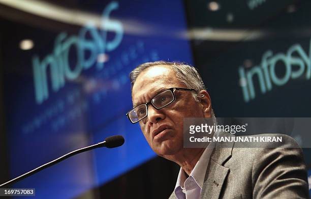 Founding member of Infosys, N.R. Narayana Murthy, speaks at a press conference at the company's headquarter in Bangalore on June 1, 2013. Infosys on...