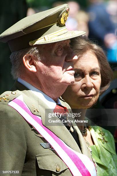 King Juan Carlos of Spain and Queen Sofia of Spain attend the Armed Forces Day on June 1, 2013 in Madrid, Spain.