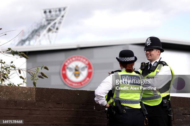 Police outside the stadium during the Premier League match between Brentford FC and Everton FC at Brentford Community Stadium on September 23, 2023...