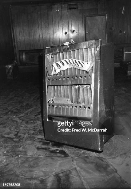 View of a damaged cigarette machine inside the Stonewall Inn after riots over the weekend of June 27, 1969. The bar and surrounding area were the...